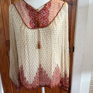 Lucky Brand Cream and Pink Graphic Blouse with Bib Collar